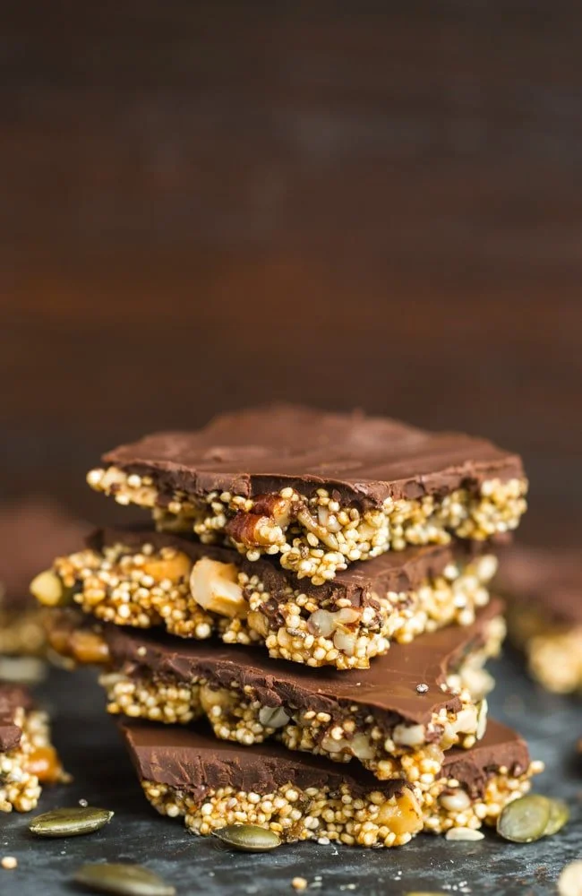 CHOCOLATE COVERED NUT AND SEED QUINOA BRITTLE