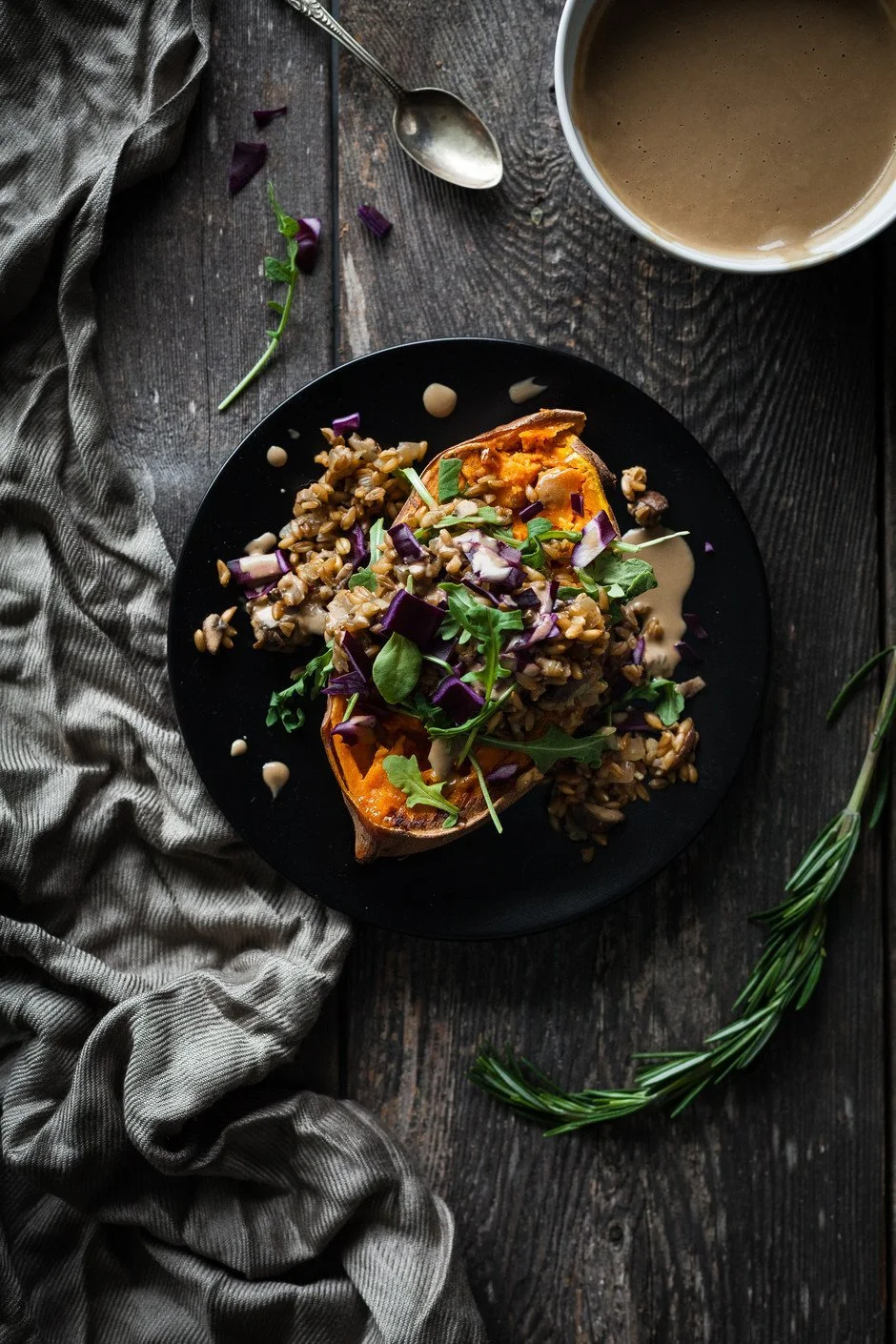 STUFFED SWEET POTATOES WITH FARRO &amp; MUSHROOM