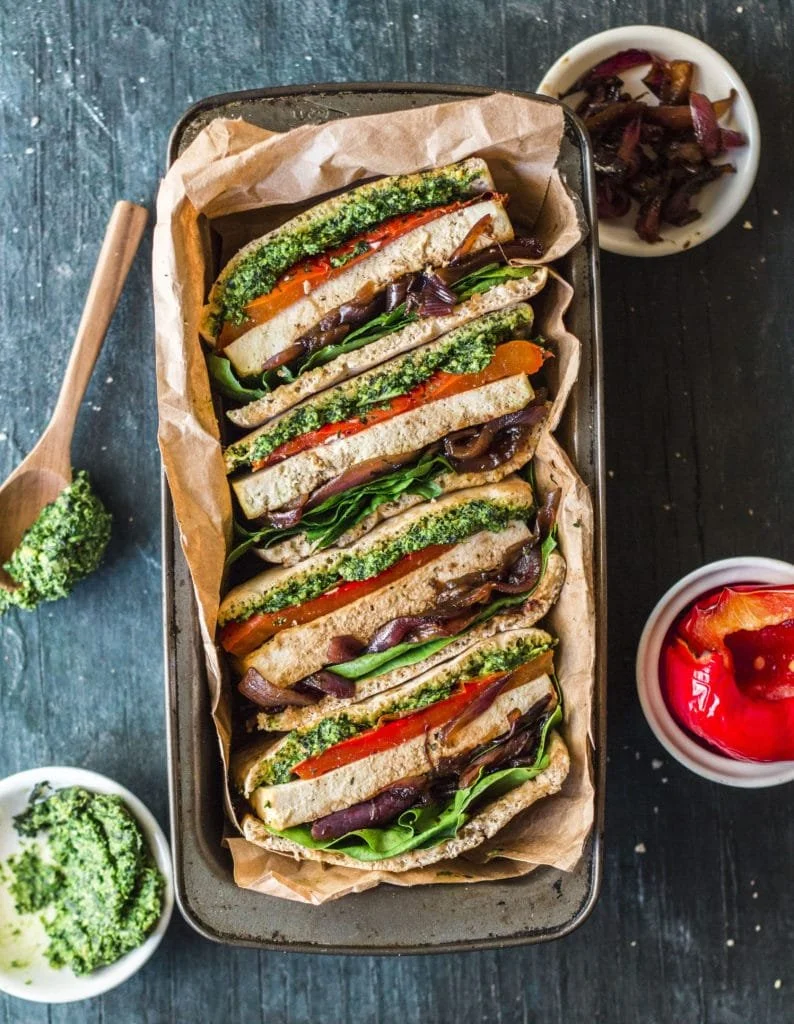 BAKED TOFU SANDWICH WITH CARAMELISED ONION AND PESTO