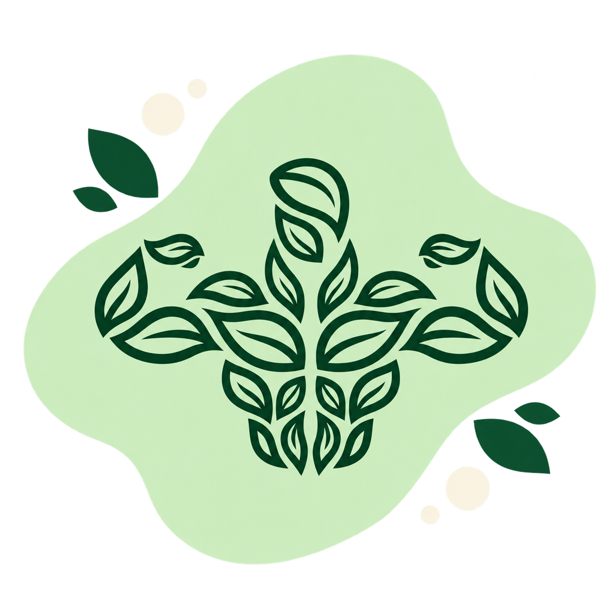 Green leafy figure flexing its arms on a light green organic shape with leaf accents.