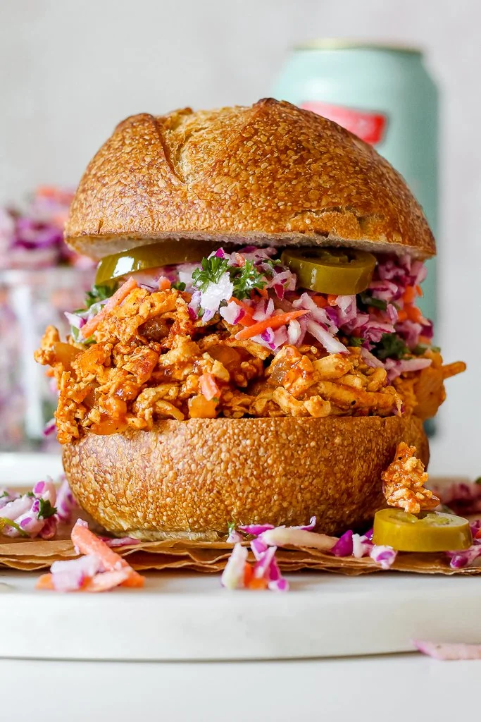 BBQ PULLED TOFU SANDWICHES WITH KOHLRABI SLAW