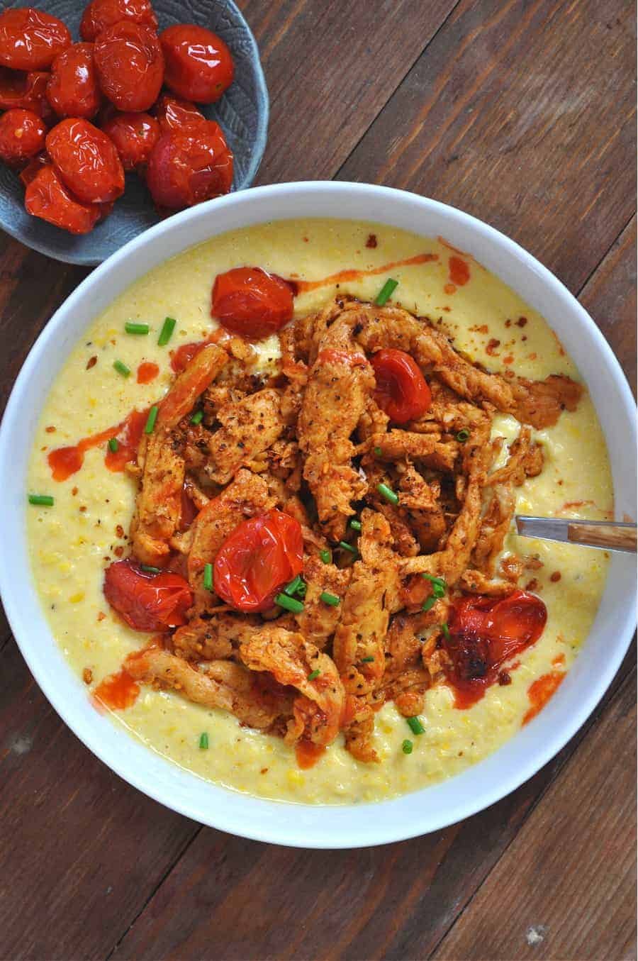 VEGAN CAJUN SOY CURLS WITH GARLIC BUTTERED CREAMED CORN