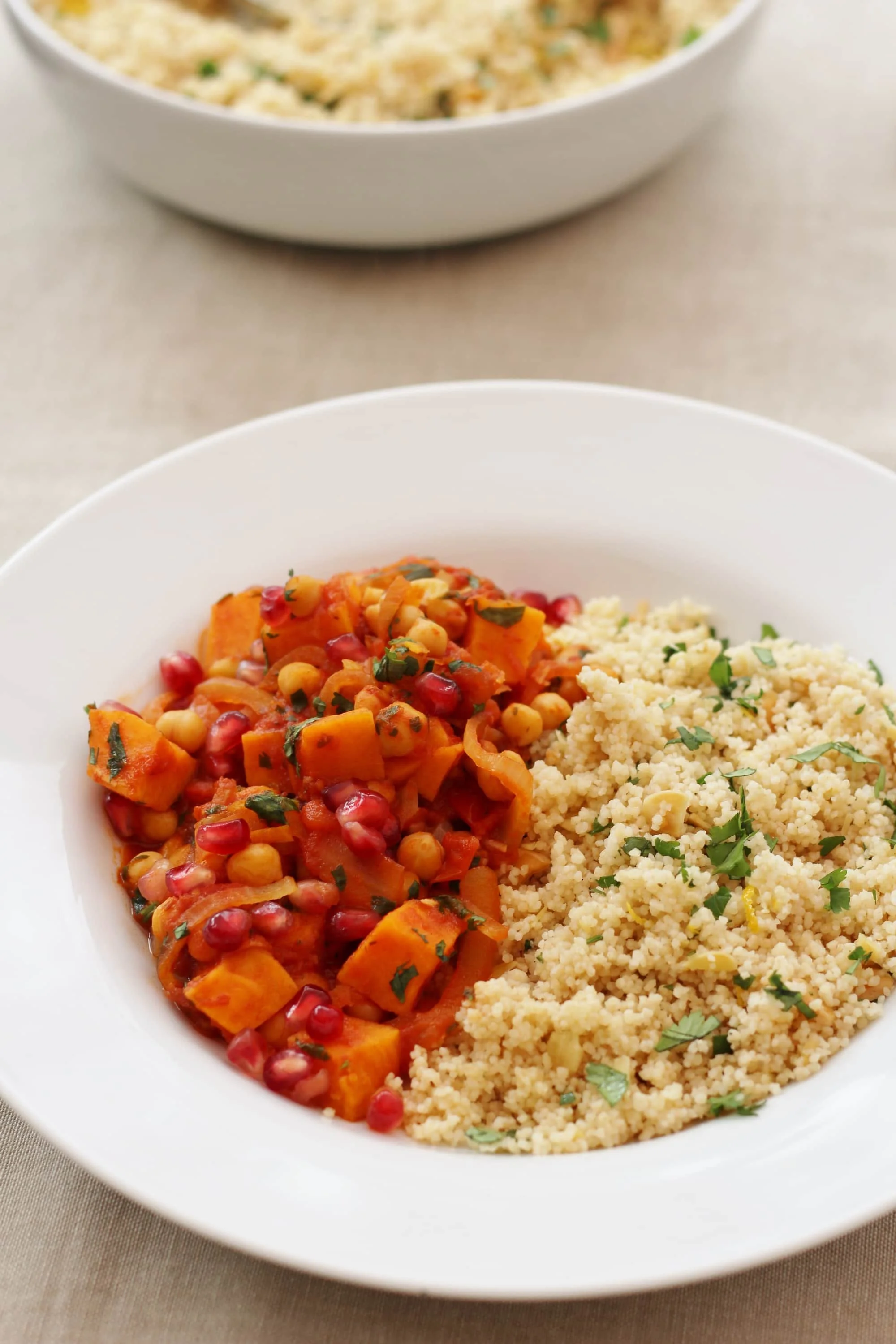 HARISSA, SWEET POTATO AND CHICKPEA TAGINE WITH LEMON AND CORIANDER COUSCOUS