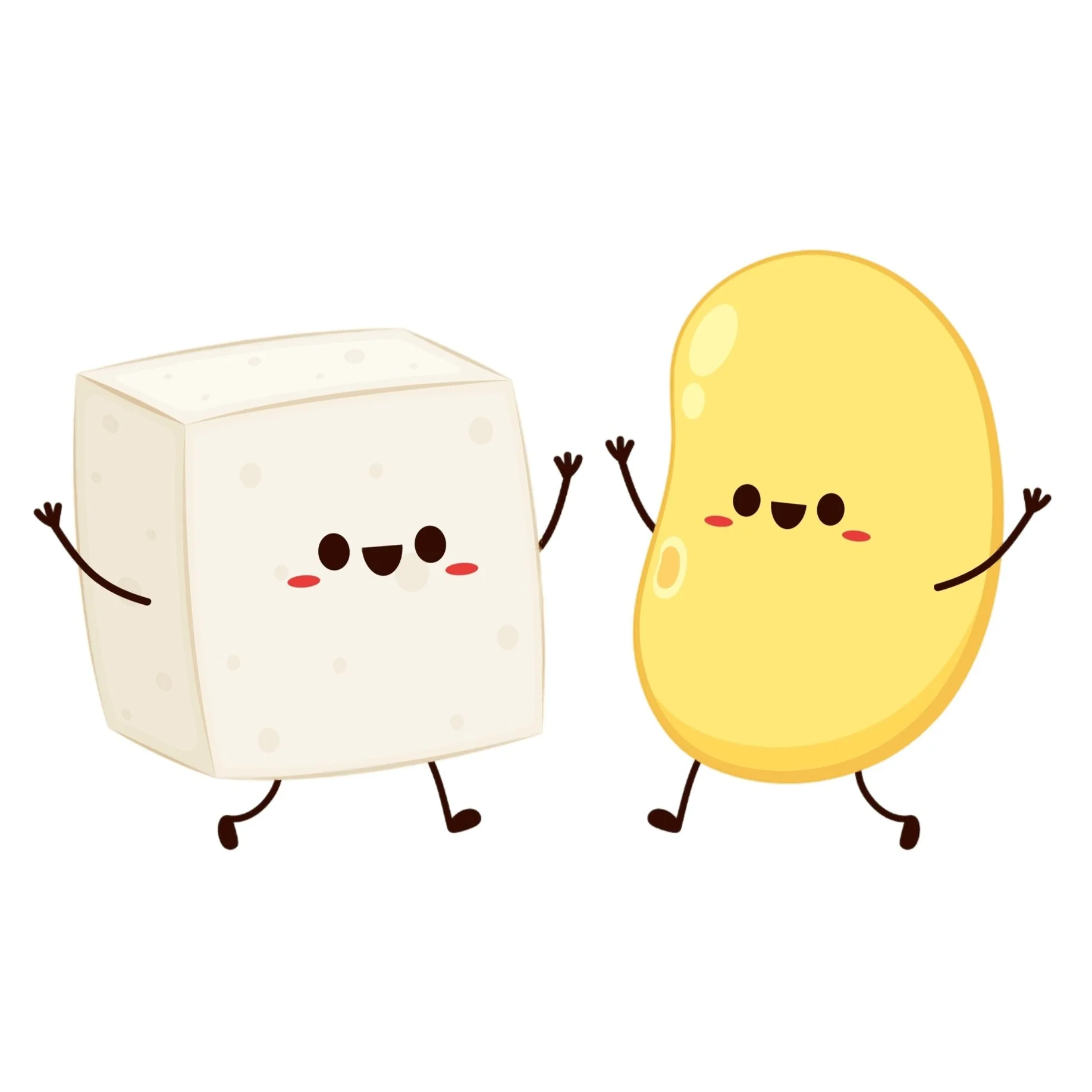 Cartoon of a dancing tofu cube and a soybean with smiling faces, arms raised, and happy expressions.