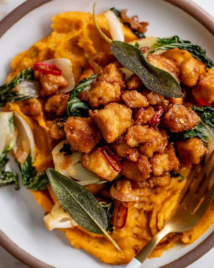 SOY GLAZED TOFU NUGGETS WITH WHIPPED SAGE BUTTERNUT SQUASH