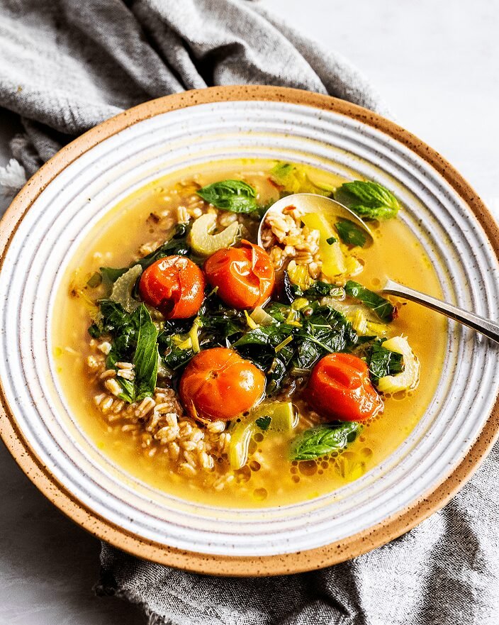 SIMPLE FARRO IN CELERY BROTH
