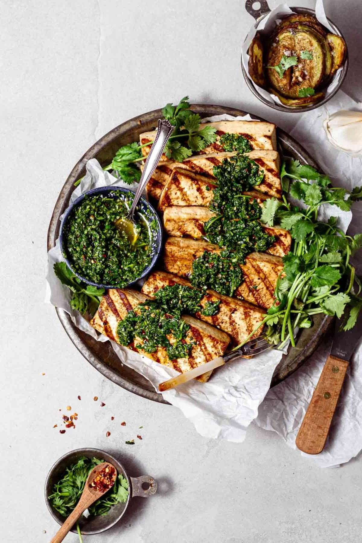 MARINATED GRILLED TOFU STEAKS WITH CILANTRO CHIMICHURRI
