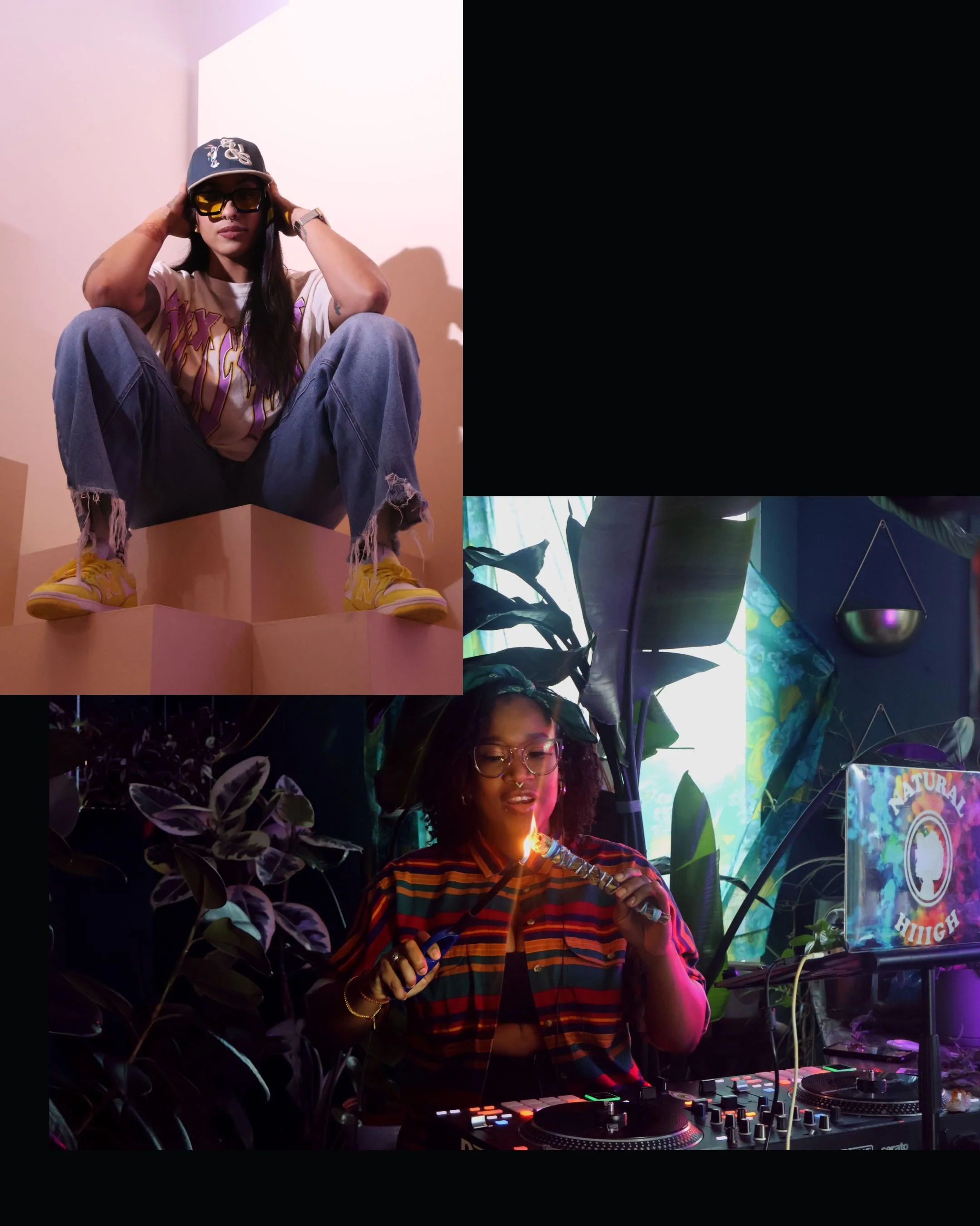 Two women in vibrant settings. The woman on the top left is sitting on a pink box, wearing yellow sneakers, ripped jeans, sunglasses, a cap, and a graphic t-shirt. The woman on the bottom right is DJing in a lush, tropical-themed environment, holding a lit sparkler in one hand and DJ equipment in front of her, surrounded by large green leaves and colorful lighting.