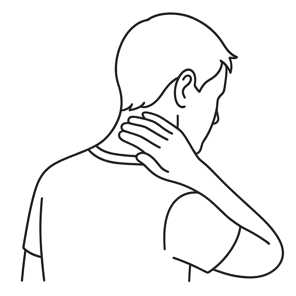 Line art illustration of a person experiencing neck muscle guarding, with shoulders raised and head slightly tilted in discomfort.