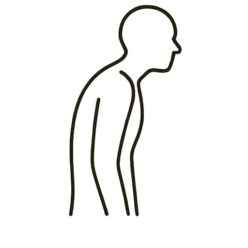 Minimalist line drawing of a person with forward head posture and rounded shoulders, illustrating poor posture alignment.