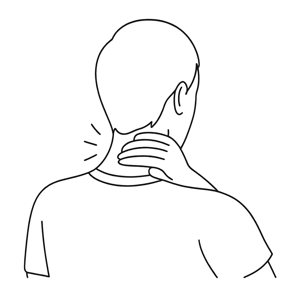 Line art illustration showing a person with neck pain and whiplash symptoms, head tilted and hand placed behind the neck in discomfort.