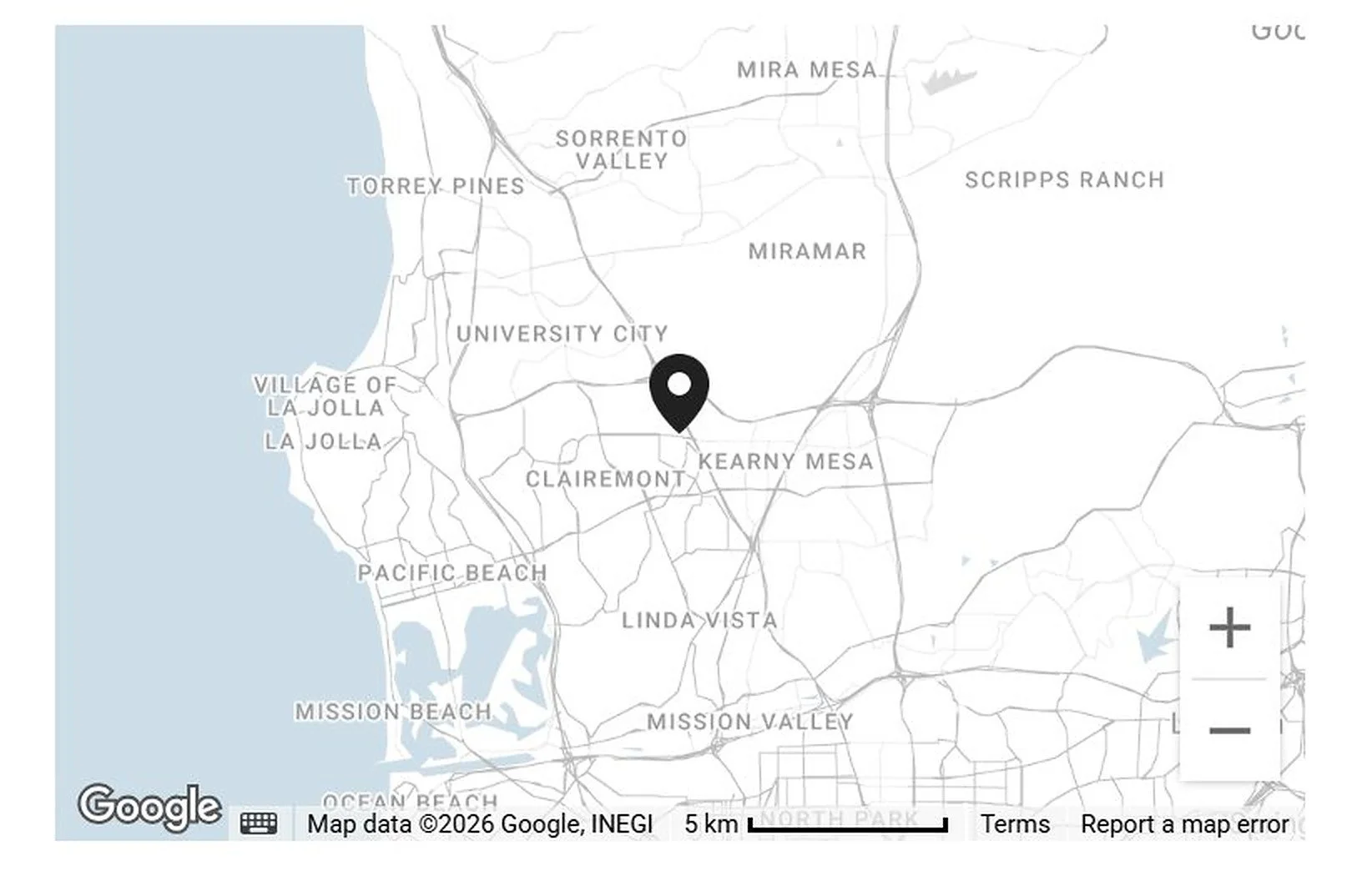 Map showing Stein Chiropractic location at 5450 F Clairemont Mesa Blvd, San Diego
