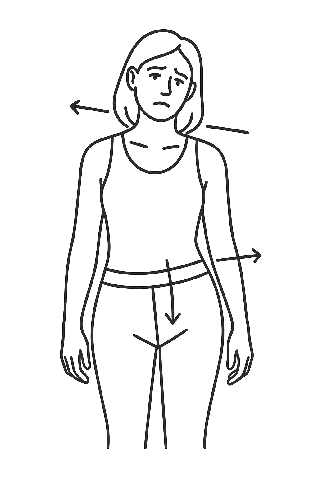 Line art of a woman with visible hip and shoulder misalignment, illustrating pelvic imbalance and posture issues.