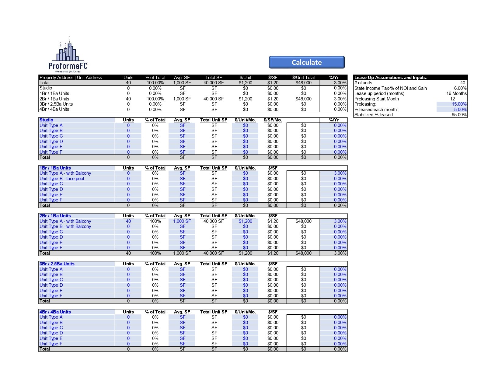 Multifamily Development Proforma - Rent Roll