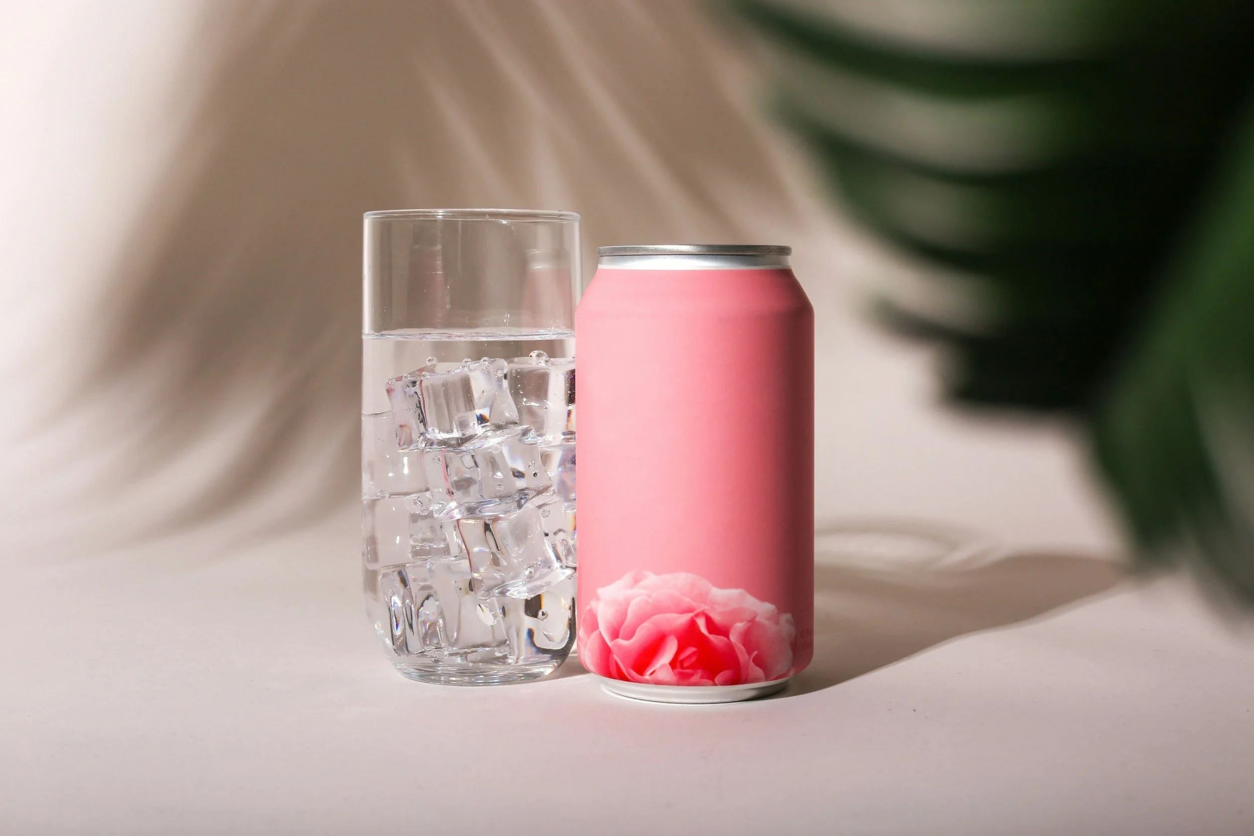 A glass of water with ice cubes and a pink soda can with a pink flower nearby, on a white surface with a blurred background and green leaves on the right side.