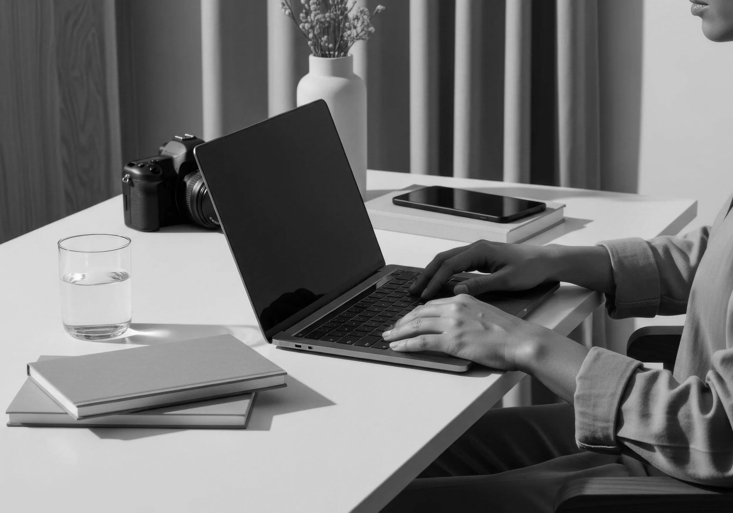 Black and white photo of a person typing on a laptop at a desk, with a glass of water, a camera, a tablet, two closed notebooks, and a vase with flowers in the background.