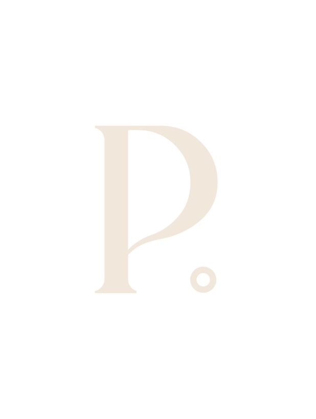 Beige letter 'P' with a period on a white background.