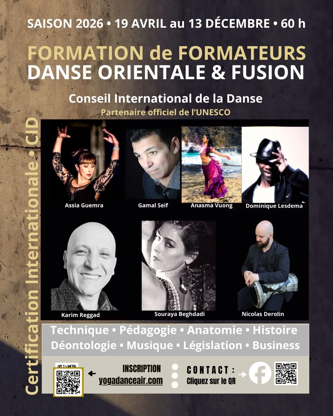 Affiche promotionnelle pour une formation de danse orientale et fusion de la saison 2026, du 19 avril au 13 décembre, à 60 heures, avec portraits des intervenants, texte en français