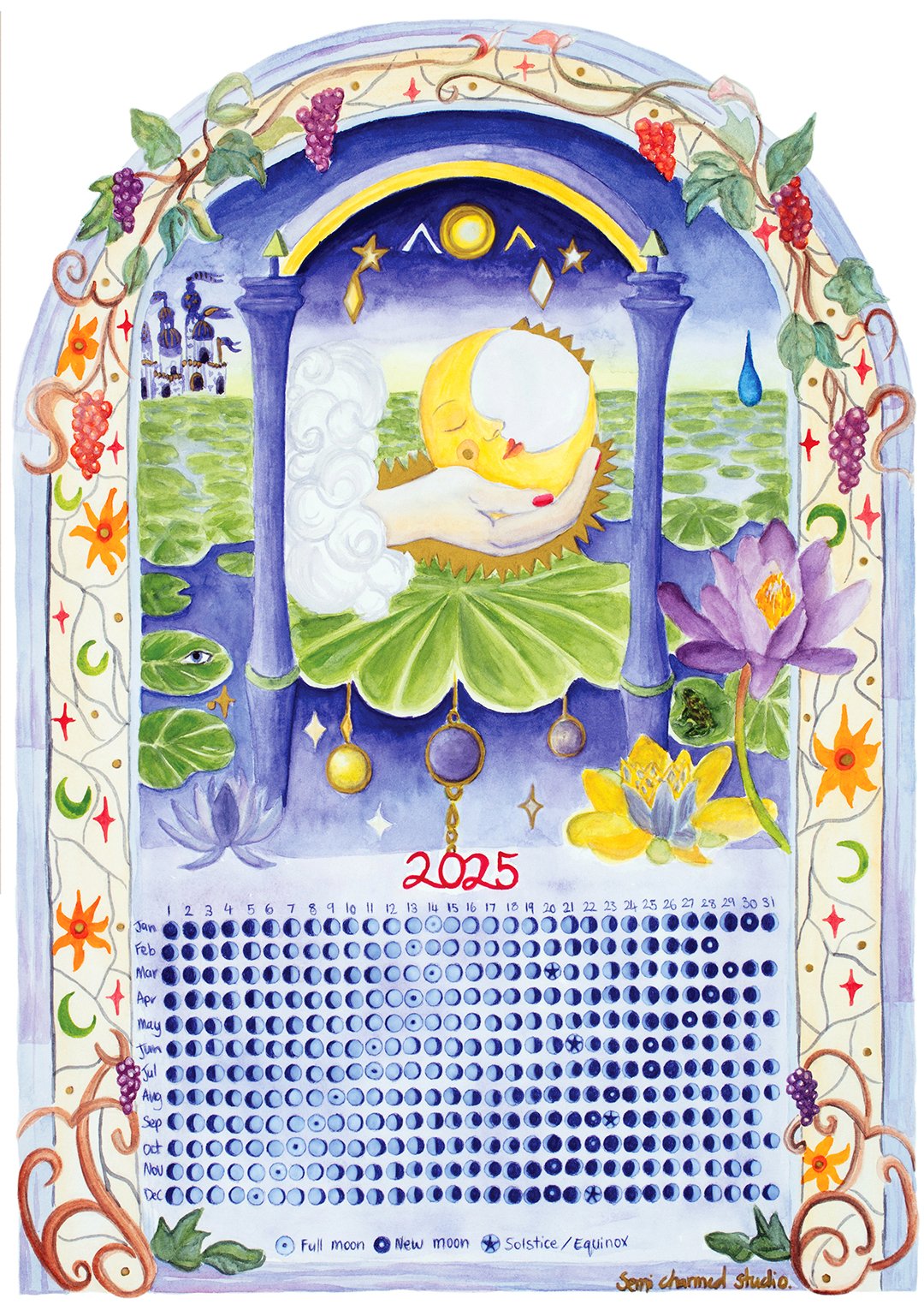 southern hemisphere 2025 moon lunar phase calendar Made by New Zealand artist Eilish Clark, Semi Charmed Studio