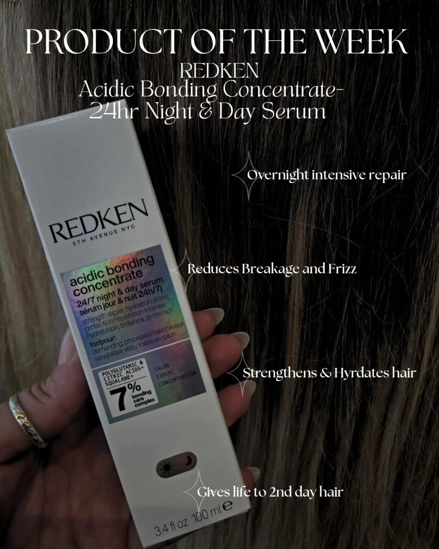 ✨ Product of the Week ✨
We&rsquo;re all reaching for the Acidic Bonding Concentrate Day &amp; Night Serum lately &mdash; and for good reason. This lightweight leave-in works around the clock to keep hair strong, smooth, and frizz-free, plus it protec