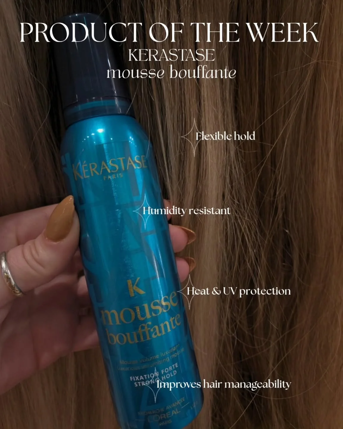 A salon favorite ~ Mousse Bouffante 💖
Your go-to for big, bouncy volume that still feels soft and touchable. This lightweight mousse uses Xylose (a heat-protective sugar) and vitamins to help strengthen and plump each strand while adding flexible ho
