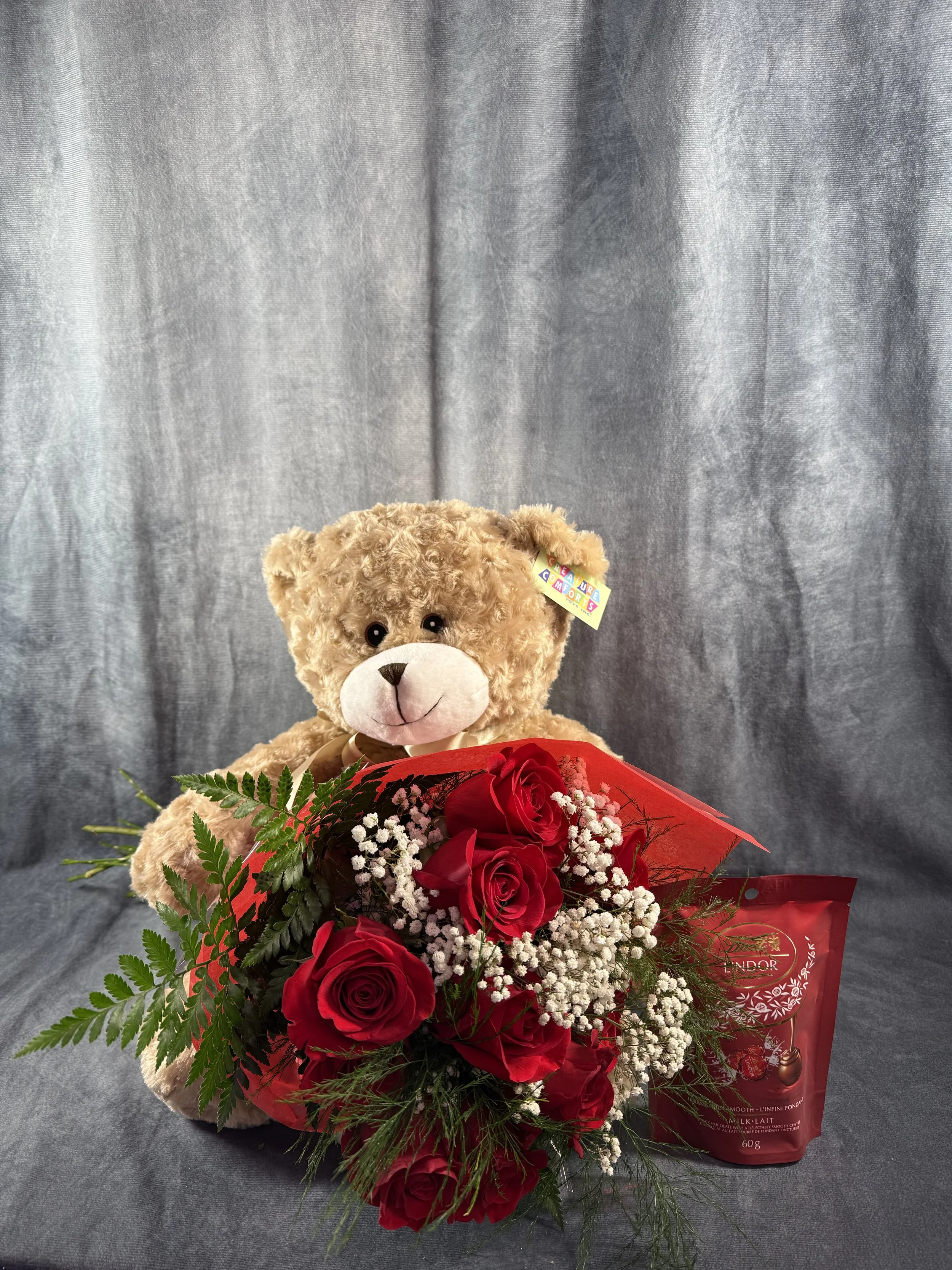 Dozen Roses with Medium Bear & Chocolates
