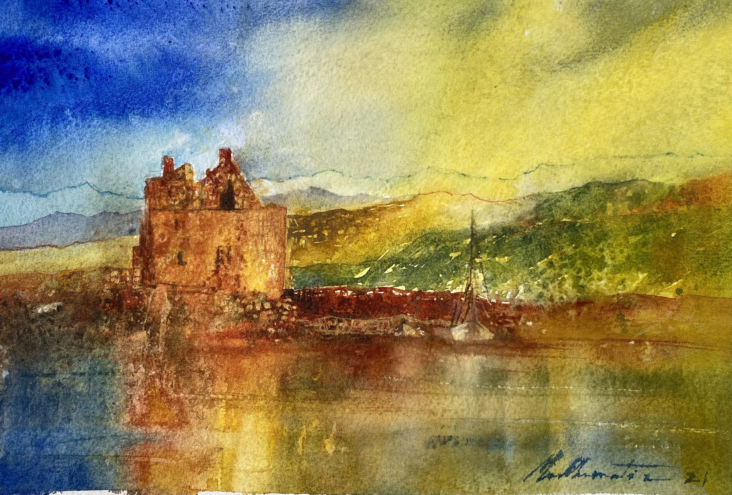 Lochranza Castle , Arran, 
Watercolour 11 ins x 8 ins