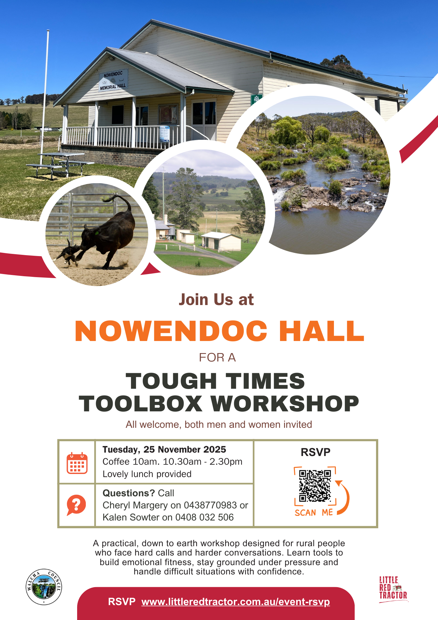 Event flyer for Nowendoc Hall promoting a toolbox workshop with images of rural landscapes, a creek, a goat fighting a dog, and the hall building.
