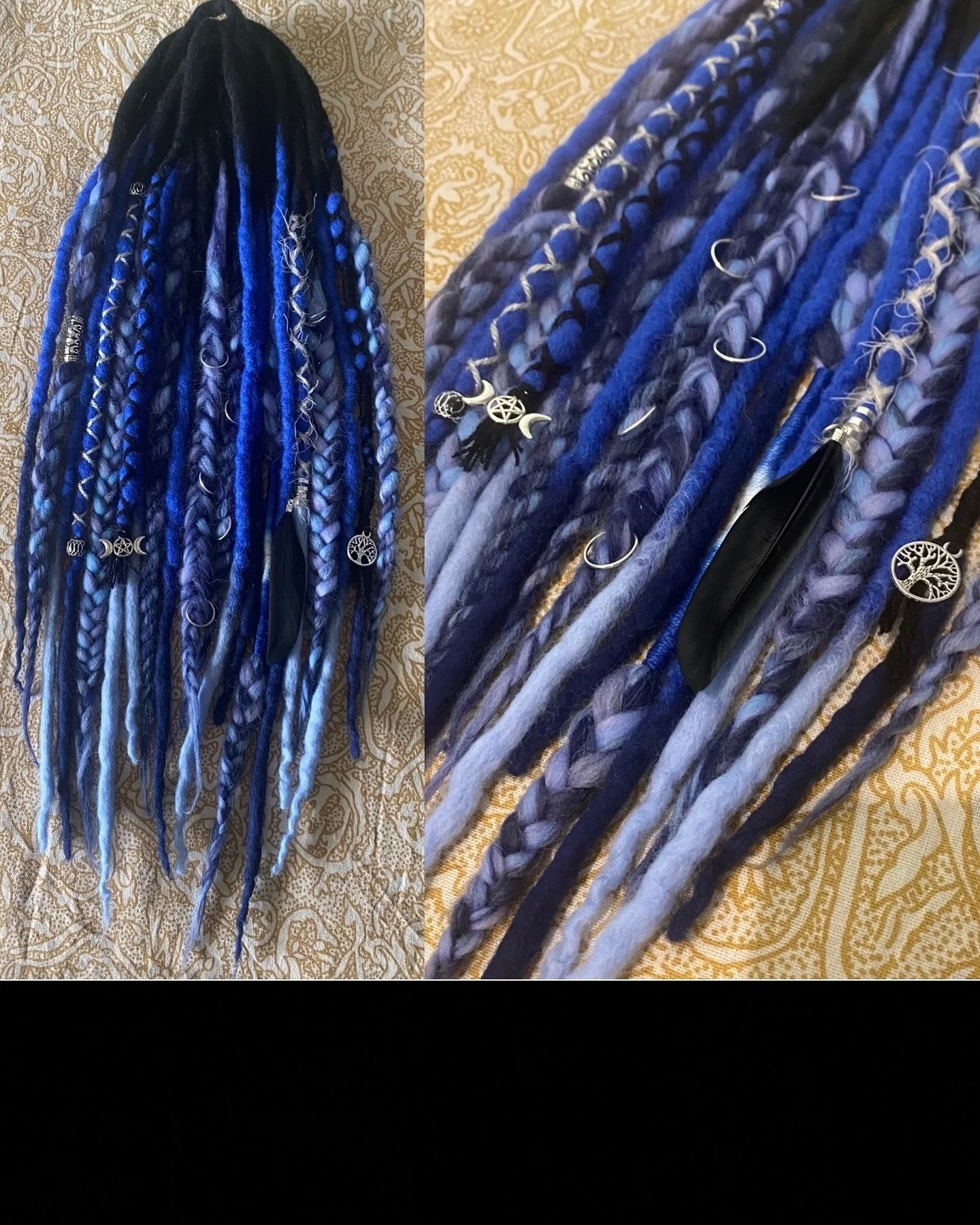 Custom woollen set, there&rsquo;s something magical and witchy about this one!
🖤🩶🩵💙🩵🩶🖤
#woollendreadlocks #wooldreads #doubleendeddreads #witchythings #handmadecreations #blueandblackhair