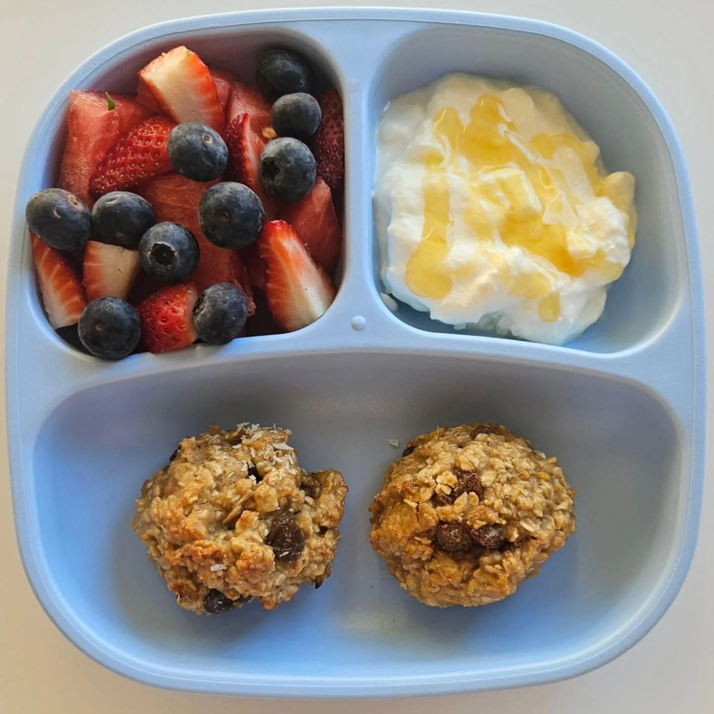 B r e a k f a s t - 18 month old

🌟🌟 EBOOK LINK IN BIO 🌟🌟

◾️ Sultana breakfast cookies
◾️ Greek yoghurt topped with honey (⚠️ no honey under age 1)
◾️ Watermelon, blueberries &amp; strawberries 

🍪 Sultana Breakfast Cookies 🍪 

Ingredients:
- 