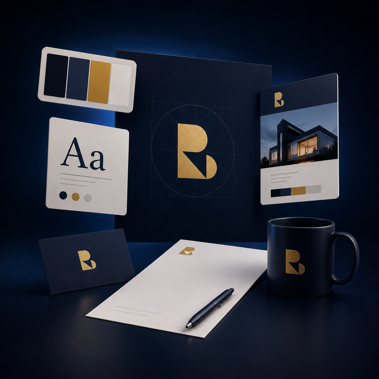 A branding mockup workspace with a navy blue, gold, and white color palette including a logo, business card, letterhead, pen, mug, and branded marketing materials for a company with a gold geometric 'B' logo.