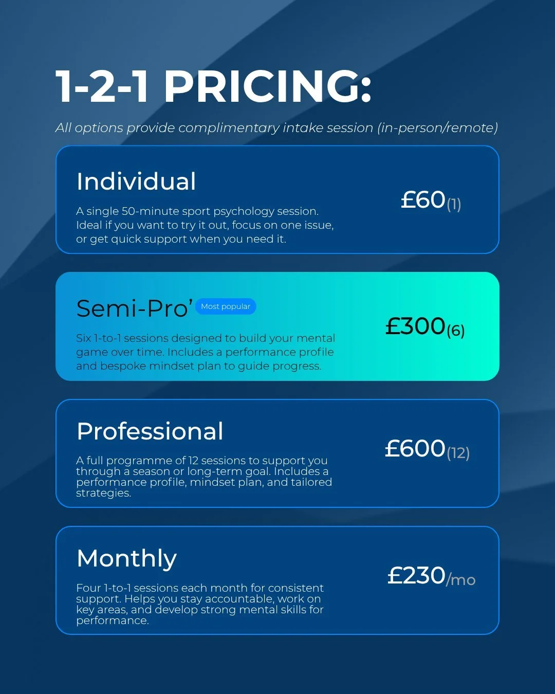 TESPORTPSYCHE PRICING

I offer support that&rsquo;s tailored to you, whether you&rsquo;re an athlete, coach, or part of a team. Every session is designed to give you practical tools and strategies you can use straight away.

1:1 Consultations 🎯 &nda