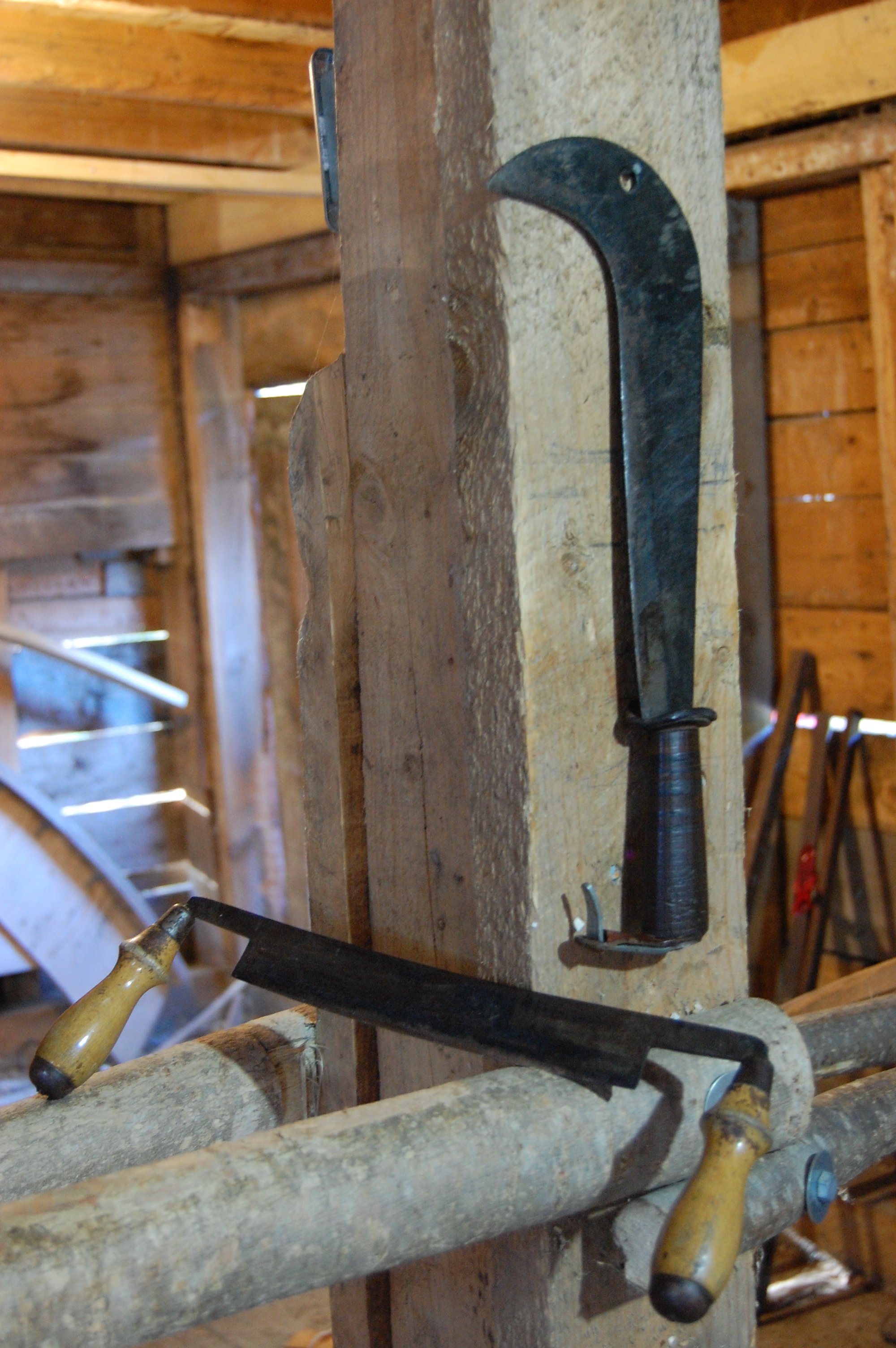 Green wood working tools are used to fashion our yurts.  