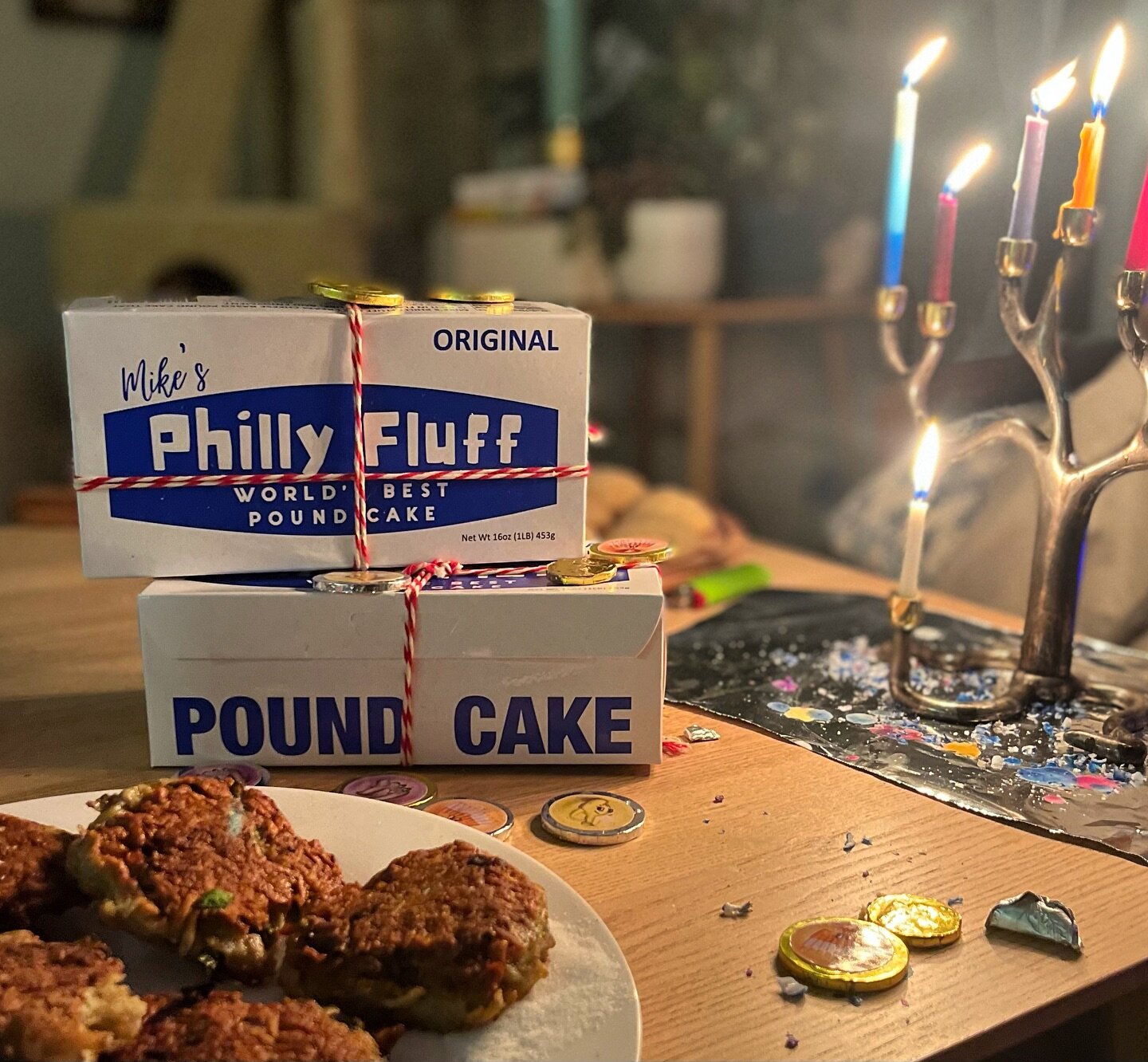 Happy Hanukkah y&rsquo;all! Philly Fluff makes the perfect gift. Order today and we&rsquo;ll have it to you by night 8! 🕎🔥🤩 
.
.
.
#happyhanukkah #hanukkahgifts #gift #cake #poundcake #cakegift #shippingincluded #delicious😋 #latkes #hannukahparty
