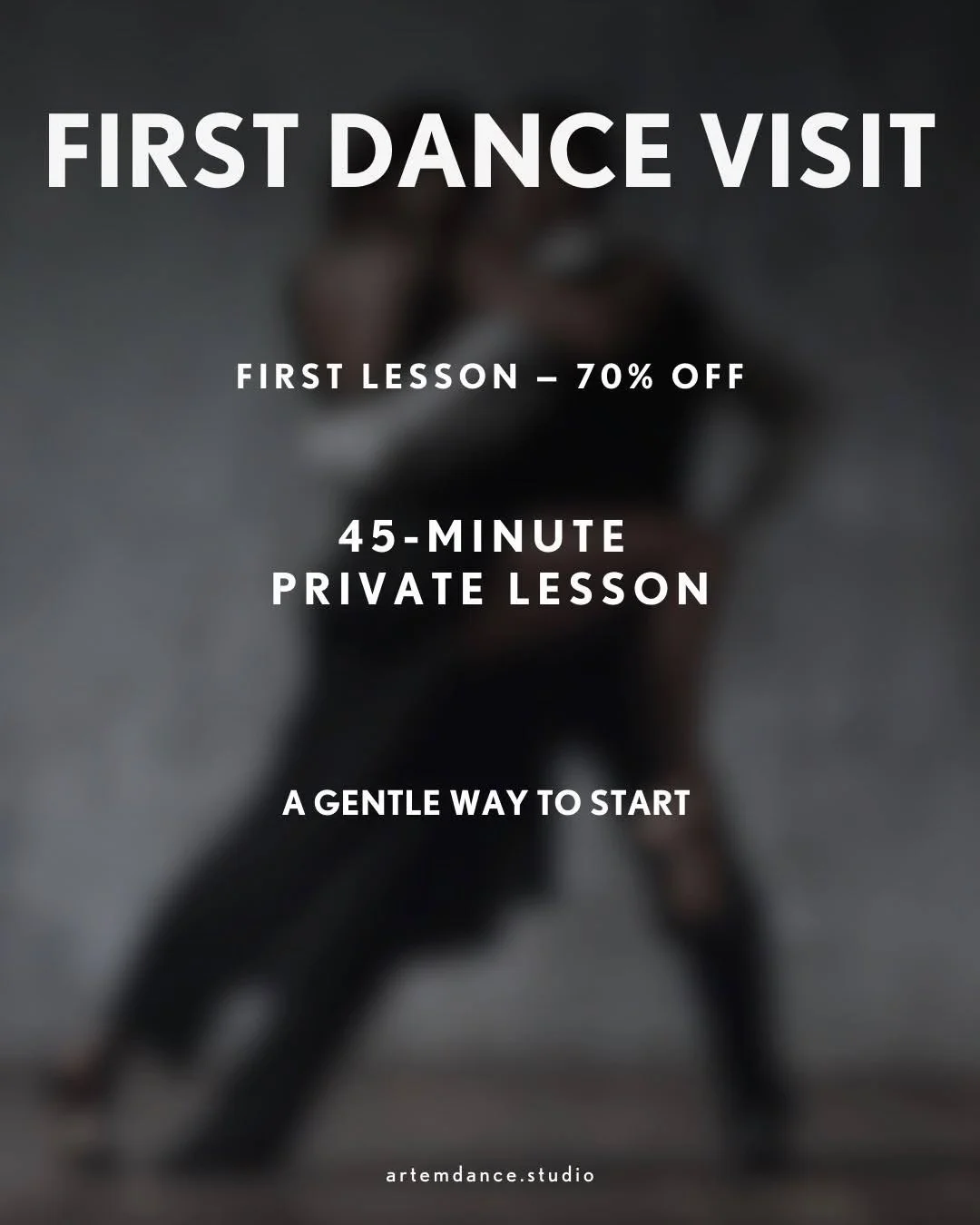 An image with an inscription which describes what will you get at the first dance visit when you decide to enroll private ballroom dance lessons in Marbella.