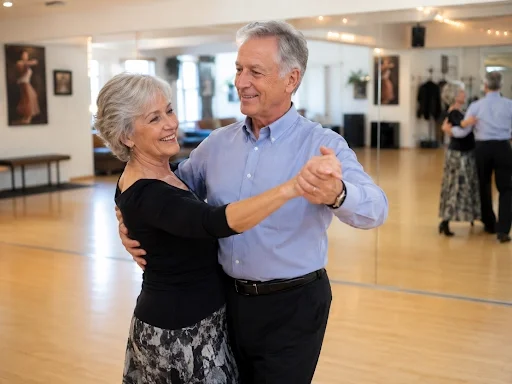 An elderly couple attending their dance class in Marbella with outmost joy.