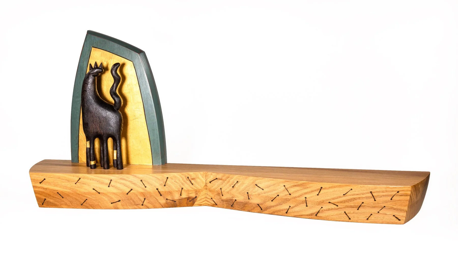 Echo Collab Shelf White Oak, Fumed White Oak, Maple, milk paint, gold paint  10”h x 24”l x 6”d Created in collaboration with Zeke Kalehoff and Greg Mazur, 2025