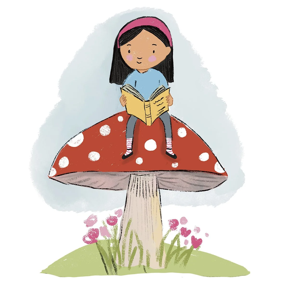 Kid lit illustration of little girl reading about literacy  by illustrator Farida Zaman