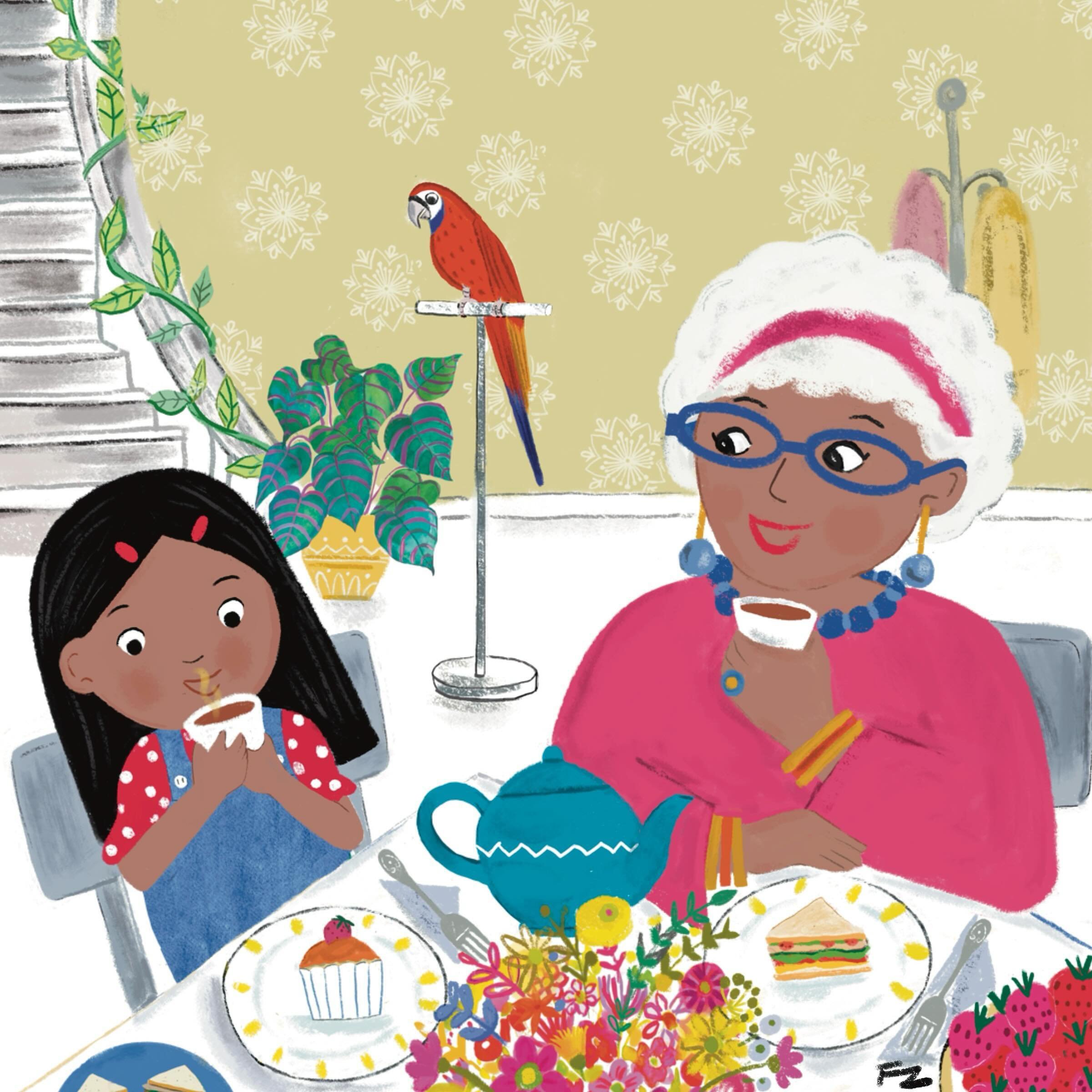 I just found out that yesterday  National Beverage Day! So better late than never, so here is a beverage illustration I created for MEENA CAN&rsquo;T WAIT ( Orca Books) 
Nani and Meena share a cup of Doodh Cha (Bengali Masala tea) and even though Mee