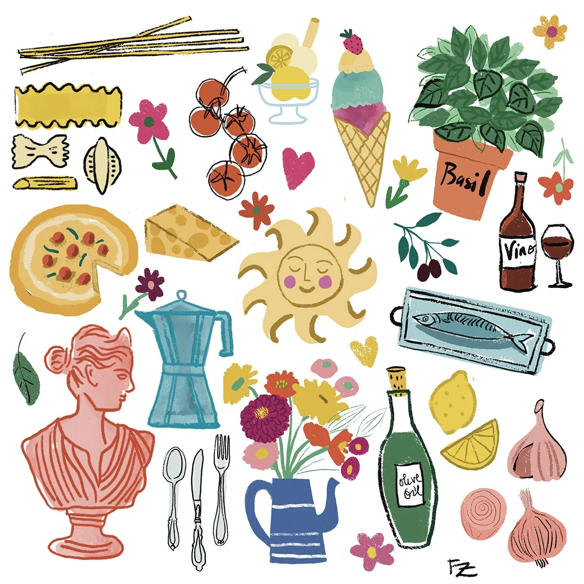 Illustrations of Italian icons by Farida Zaman