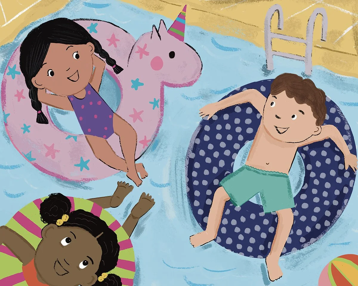 Kid lit Illustration of kids swimming by illustrator Farida Zaman