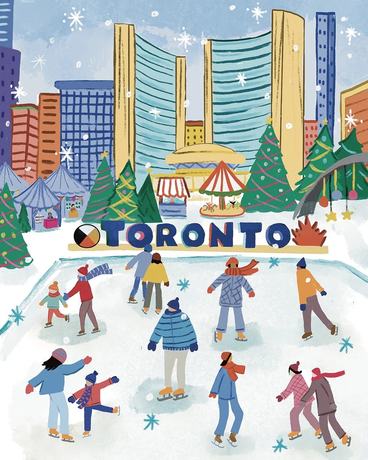 Illustration of skaters in City Hall in Toronto by Farida Zman