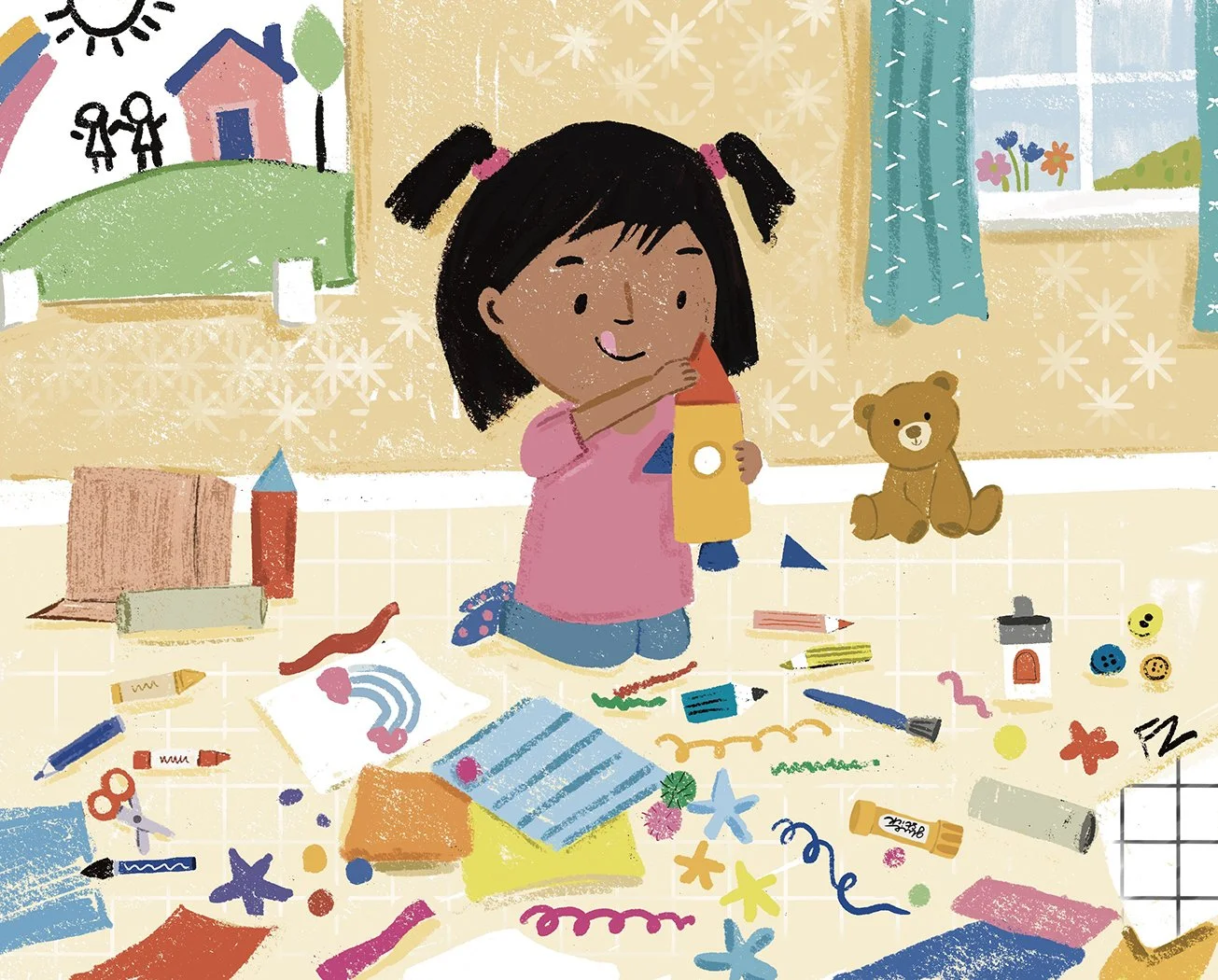 Kid lit Illustration of little girl making a paper rocket  by illustrator Farida Zaman