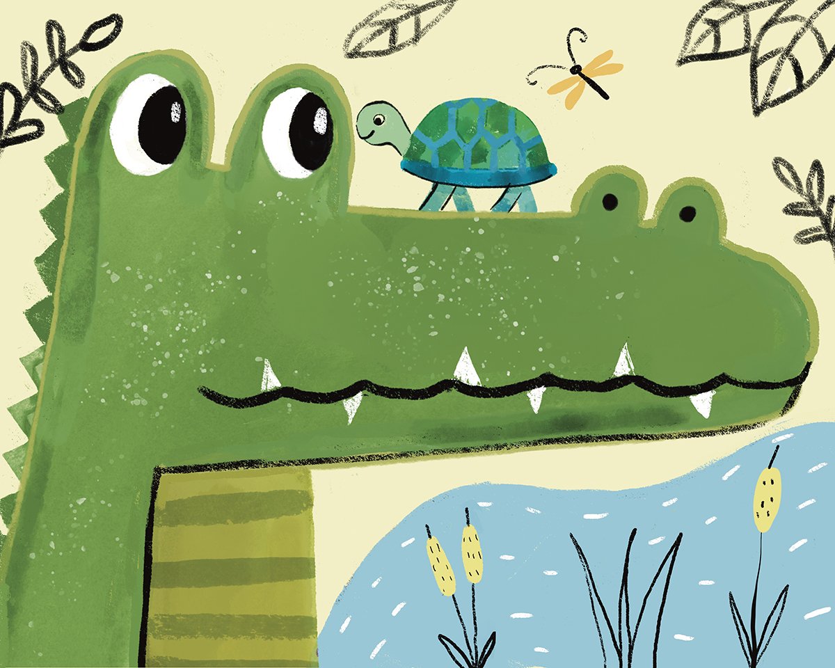 Kid lit illustration of a crocodile and turtle by illustrator Farida zaman