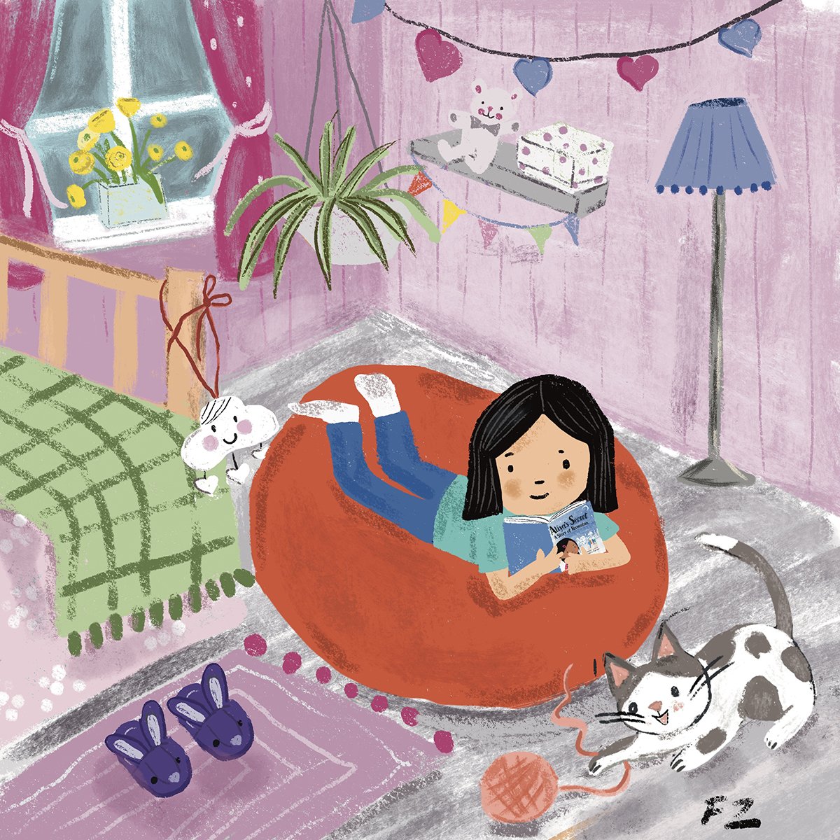 Kid lit Illustration of little girl reading in her room by illustrator Farida Zaman