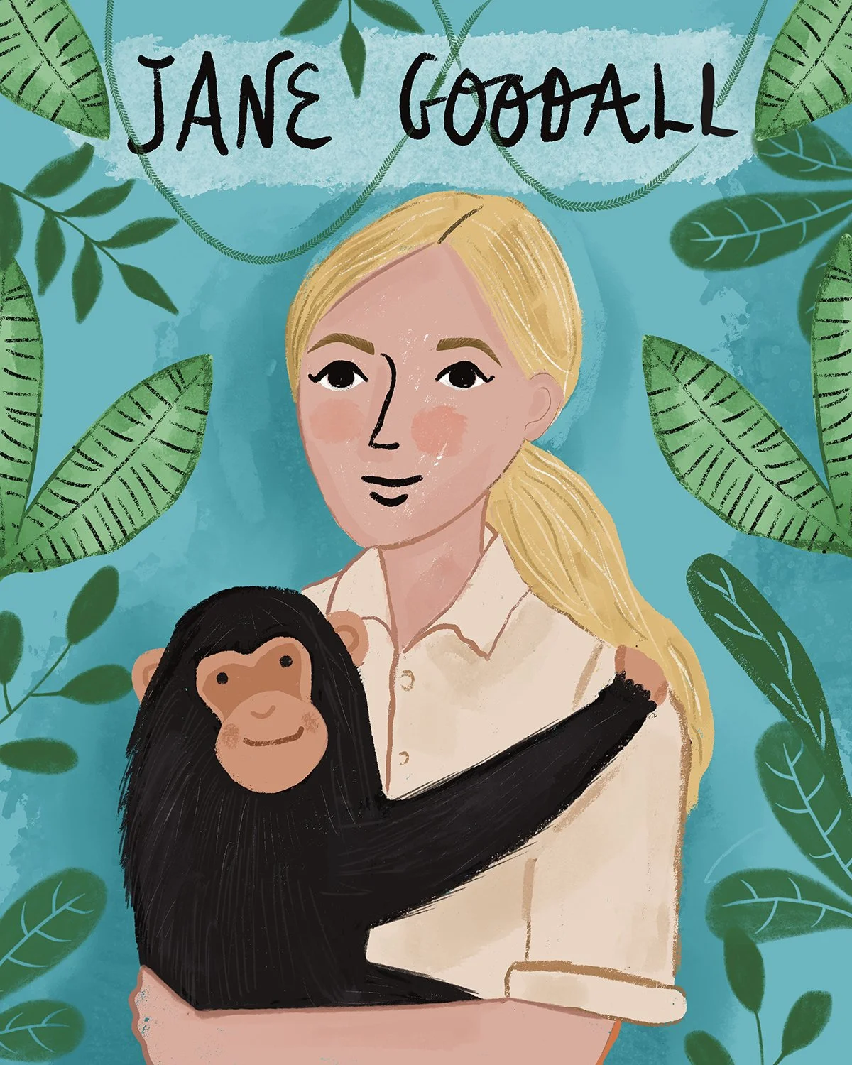 Kid lit Illustration of Jane Goodall by illustrator Farida Zaman