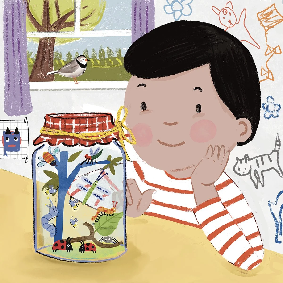 Kid lit Illustration of boy looking at insects in a jar by illustrator Farida Zaman
