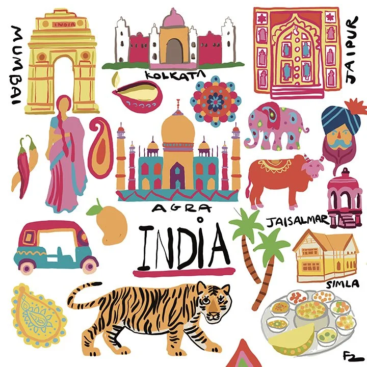 Illustration of famous icons of India by Farida Zaman