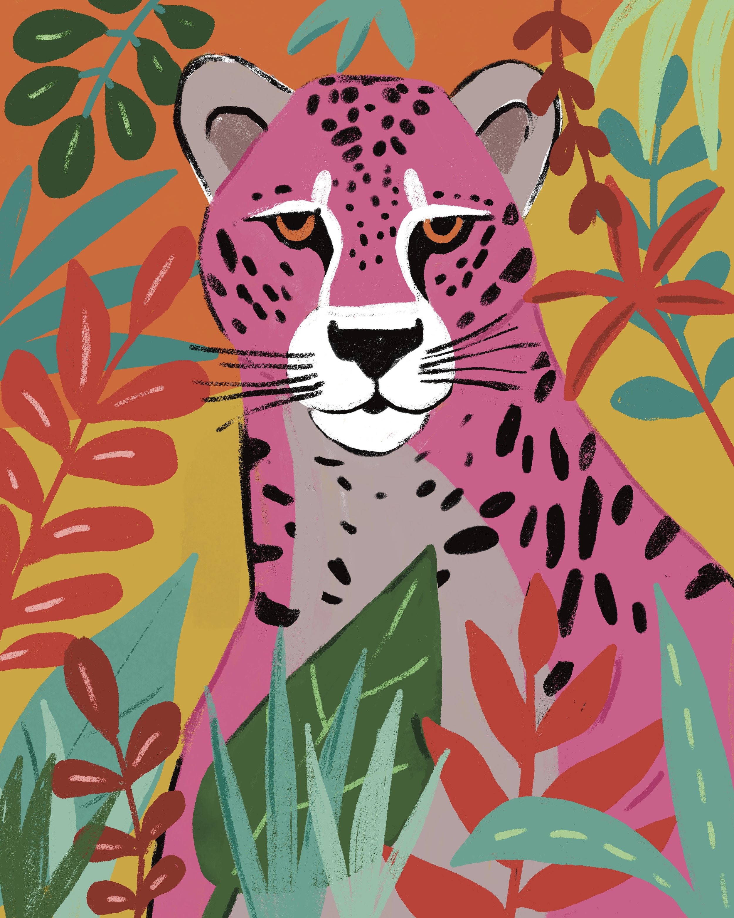 Illustration of leopard , pink, orange, yellow by Farida Zaman