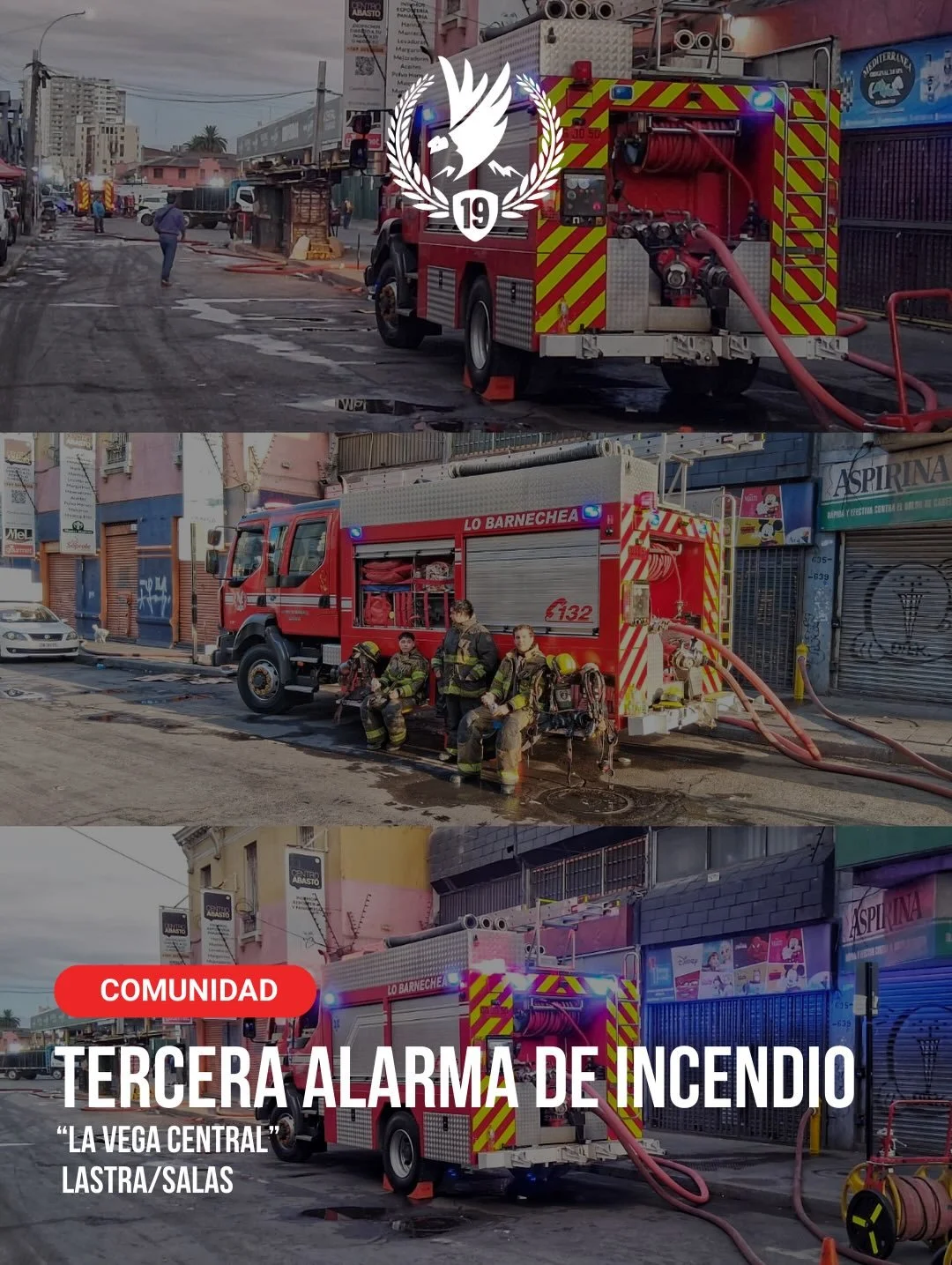 Durante la madrugada de hoy, 8 de febrero, trabajamos junto a BX19 en Tercera Alarma de Incendio en la intersecci&oacute;n de Lastra con Salas, espec&iacute;ficamente en &ldquo;La Vega Central&rdquo;, comuna de Recoleta.

Las labores se extendieron p